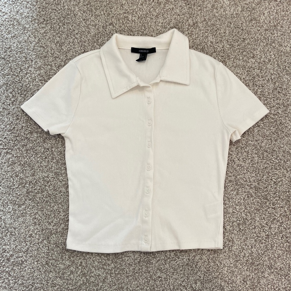 forever 21 ribbed button-down collared tee - cream white